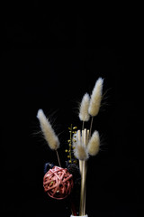 still-life. yellow spikelets in a white vase on a black background
