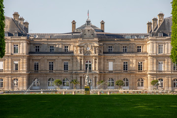 Fototapeta premium Paris, France - April 23, 2020: Luxembourg Palace and park in Paris, the Jardin du Luxembourg, one of the most beautiful gardens in Paris during lockdown due to covid-19 pandemic