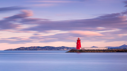 Aerial view Sunset Poolbeg lighthouse in Ireland, Dublin bay Ireland