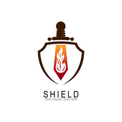 Shield logo, security icon, sword and shield with fire icon