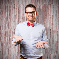 Man wearing a red bow tie.