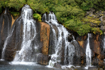 Obraz premium Hraunfossar / Iceland - August 15, 2017: Hraunfossar waterfalls formed by rivulets streaming out of the Hallmundarhraun lava field formed by the eruption of a volcano, Iceland, Europe