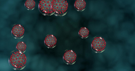 Fototapeta premium Coronavirus cells on blue background . Small droplets with Covid-19 spread pathogens. 3D rendering 3D illustration