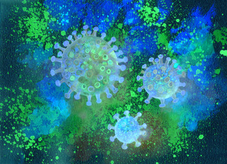 Fototapeta na wymiar Watercolor painting illustration of a Corona Virus with abstract background and multicolors.