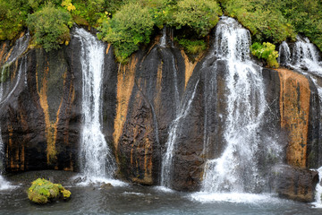 Fototapeta premium Hraunfossar / Iceland - August 15, 2017: Hraunfossar waterfalls formed by rivulets streaming out of the Hallmundarhraun lava field formed by the eruption of a volcano, Iceland, Europe