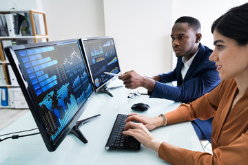 Two Businesspeople Examining Graph On Computer