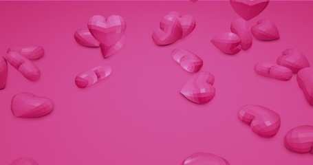 Pink cute falling polygonal hearts. Valentines Day. event background. 3D rendering 3D illustration