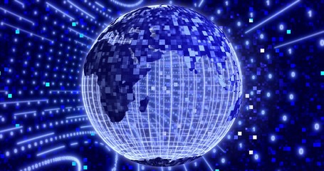 Obraz premium Neon Digital binary background with rotating Blue Planet earth. animation for network, digital event. 3D illustration