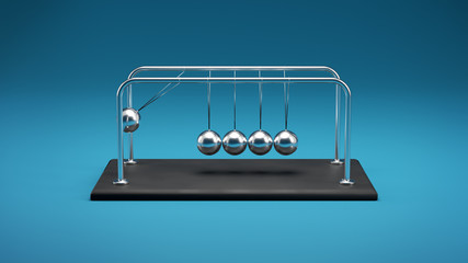 3D Illustration of a Newton's Cradle, Chrome Metal Spheres with Reflections in Colliding Movement Motion Concept, Front View, Blue Background