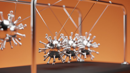 3D Illustration of a Newton's Cradle, Chrome Metal Viruses Spheres with Reflections in Colliding Movement Motion Concept, Close View, Orange Background