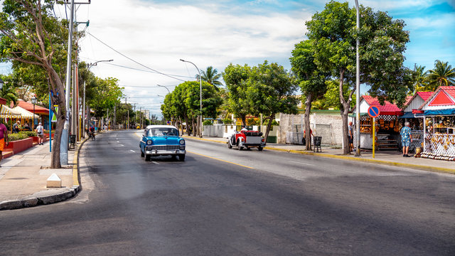 American blue classic car on the streets of Varadero, Cuba.