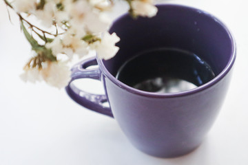Obraz na płótnie Canvas isolated purple cup of coffee with a bouquet of white flowers in the morning on a white background 
