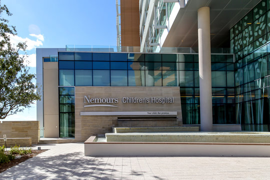 Orlando, Florida, USA- February 9, 2020:  Sign of Nemours Children's Hospital at the entrance in Orlando, Florida, USA. 