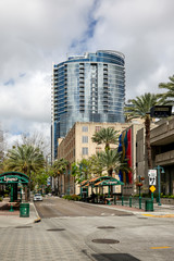 Orlando, Florida, USA - February 20, 2020: Street view near Orlando Public Library in downtown...