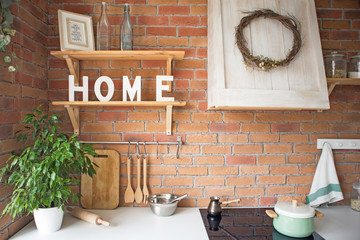 close up of beautiful cosy modern loft kitchen interior,kitchenware, home style, photo studio design