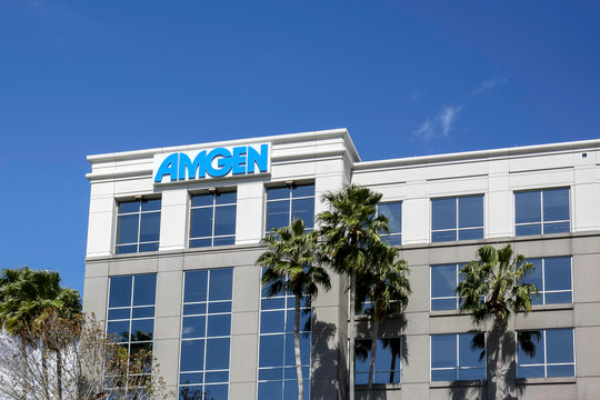 Tampa, Florida, USA- February 23, 2020:  Sign of Amgen(Applied Molecular Genetics Inc.) Capability Center in Tampa. Amgen Inc. is an American multinational biopharmaceutical company. 