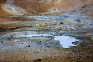 Krisuvik / Iceland - August 15, 2017: Geothermal manifestations in Krisuvik geothermal area, Iceland, Europe