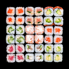 Sushi and rolls pattern background, sushi rolls texture top view