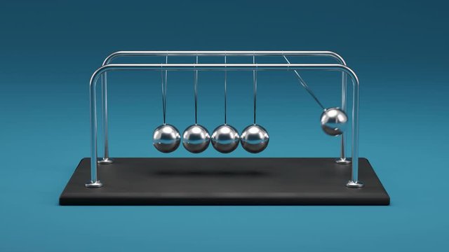 4K Animation of a Newton's Cradle, Chrome Metal Spheres with Reflections in Colliding Movement Motion Concept, Without Friction and Loss of Energy, in Looping, Front View, Blue Background