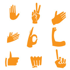 doodle All Hand Emojis Gestures Vector Icons Set. Biceps, fist, folded hands, victory hand emojis. Emoticon Gesture Illustrations cartoon style