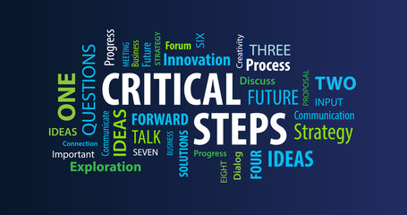 Critical Steps Word Cloud on a Blue Background