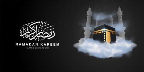 Ramadan Kareem Vector Illustration Background Template 3d Realistict Ka'bah above the cloud Design. Eid mubarak, Islamic banner, poster, web, flyer,illustration, brochure