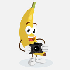 Banana Logo mascot with camera pose and background with flat design style for your logo or mascot branding.