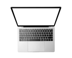Fototapeta na wymiar Top view of laptop with a blank screen or mockup computer for apply screen display on web and app isolated on white background with clipping path outside the body and inside monitor
