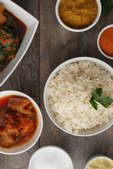 African dishes healthy lifestyle dish with plantain rice and Jollof Rice. Jolof Meal. Egg and plantain. Jelly fish dish with Healthy salad.