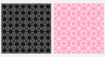 Decorative seamless patterns. Black and pink colors. Vector background