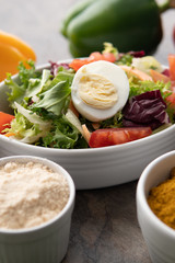 African national dish. Nigerian meal. Healthy lifestyle dish with red onions tomatoes. Salad dish. 