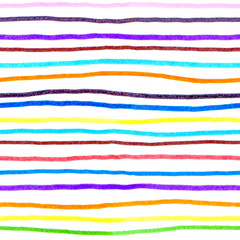 Seamless pattern of multicolored thin water colour lines running horizontally on a white background. The lines are artistic, hand drawn and are cooked or wavy
