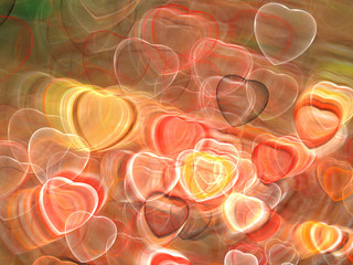 Abstract Illustration - Glowing Orange Hearts, soft shapes blurred background. Magical fantasy background image, vibrant transparent glowing shapes. Colored hearts, digital artwork, random