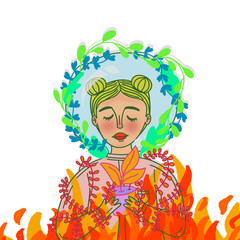 Girl in astronaut costume hugging a plant with burning flora. Digital illustration on white background.