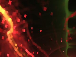 Abstract Digital Illustration - Cloud of Red Yellow Pixels, Soft Random Square Patterns, Artistic modern subtle design. Clusters of square pixels arranged randomly in space, computer digital artwork.