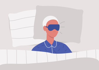 Young male character sleeping in bed, top view, bedroom in a morning