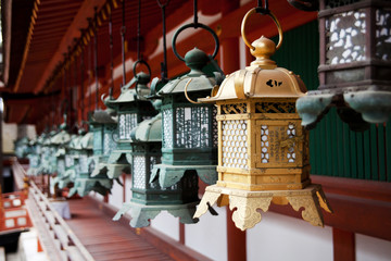 Beautiful carved lanterns near a Japanese temple