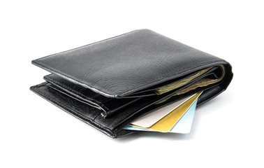 Wallet black leather with credit card and money inside isolated on white background [Clipping path].