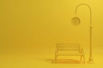 Monochrome yellow image with a bench and a pillar with a street clock. 3D illustration