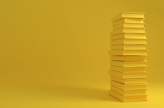 Monochrome yellow image with a tall stack of books on the solid background. 3D illustration