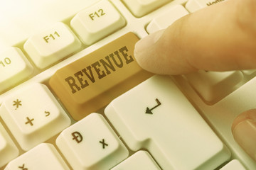 Word writing text Revenue. Business photo showcasing total amount of income generated by the sale...