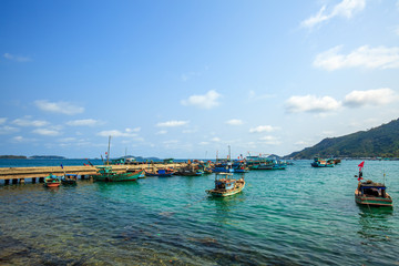 Fototapeta na wymiar Boats on the sea in Nam Du island, Kien Giang, Vietnam. Near Phu Quoc island 