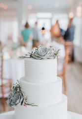 Wedding cake at a wedding reception. 