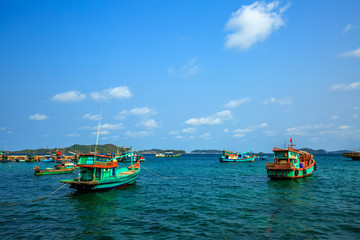 Fototapeta na wymiar Boats on the sea in Nam Du island, Kien Giang, Vietnam. Near Phu Quoc island 