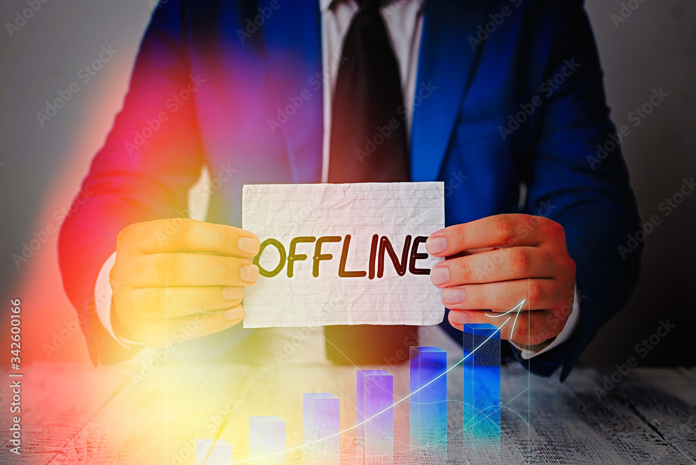 Poster word writing text offline. business photo showcasing not having directly connected to a computer or 