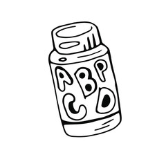 Vector illustration of vitamins in a box with a label and lid. An isolated image on a white background, can be used in printed materials, social networks for fitness bloggers, and dietologists.