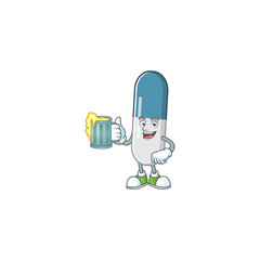 Happy vitamin pills mascot style toast with a glass of beer