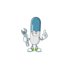 A mechanic vitamin pills mascot character fix a broken machine