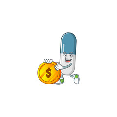 Vitamin pills rich cartoon character have big gold coin