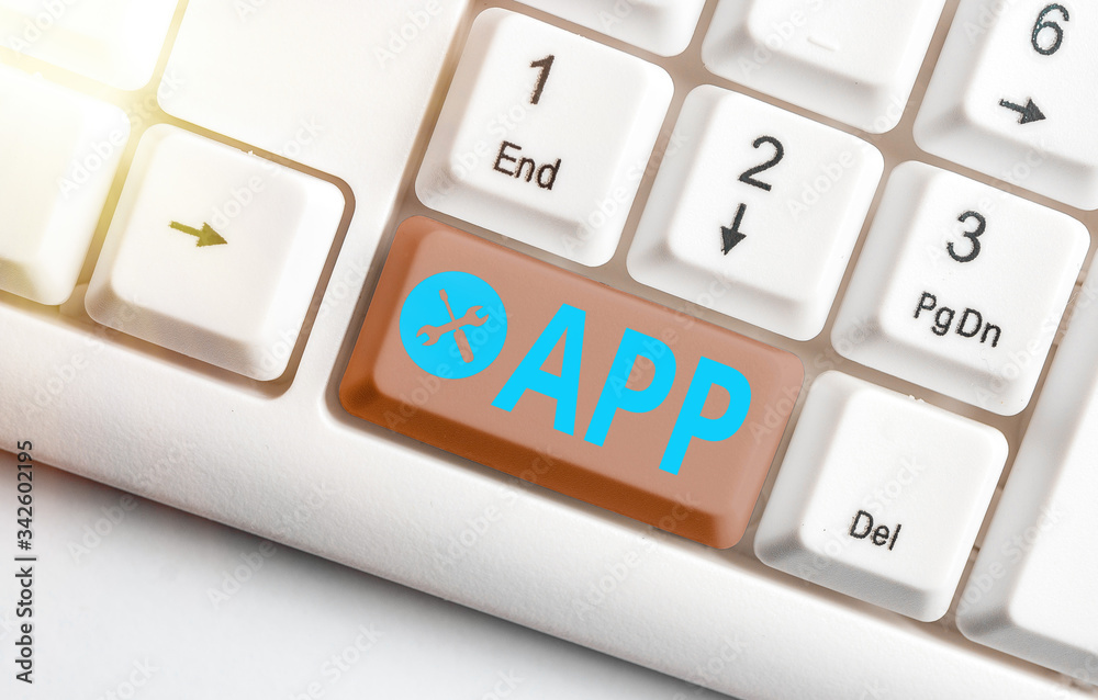 Aufkleber Writing note showing App. Business concept for Computer program Download software by a user to a mobile device